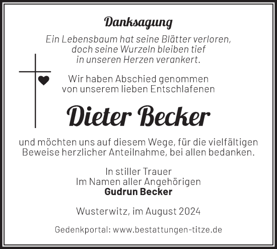 Traueranzeige von Dieter Becker von Märkische Oderzeitung