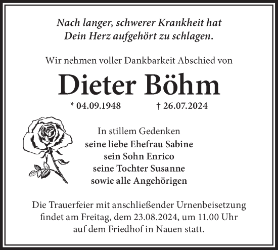 Traueranzeige von Dieter Böhm von Märkische Oderzeitung