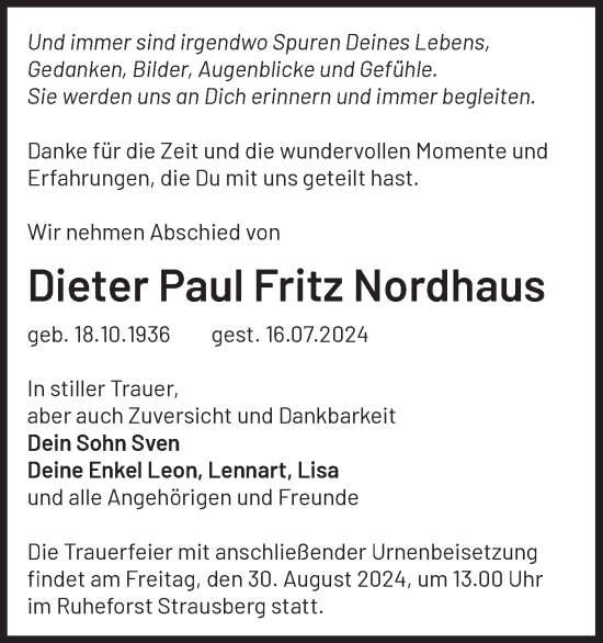 Traueranzeige von Dieter Paul Fritz Nordhaus von Märkische Oderzeitung