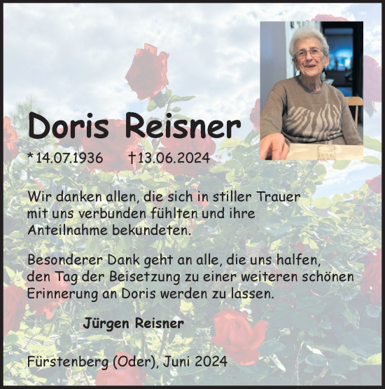 Traueranzeige von Doris Reisner von Märkische Oderzeitung