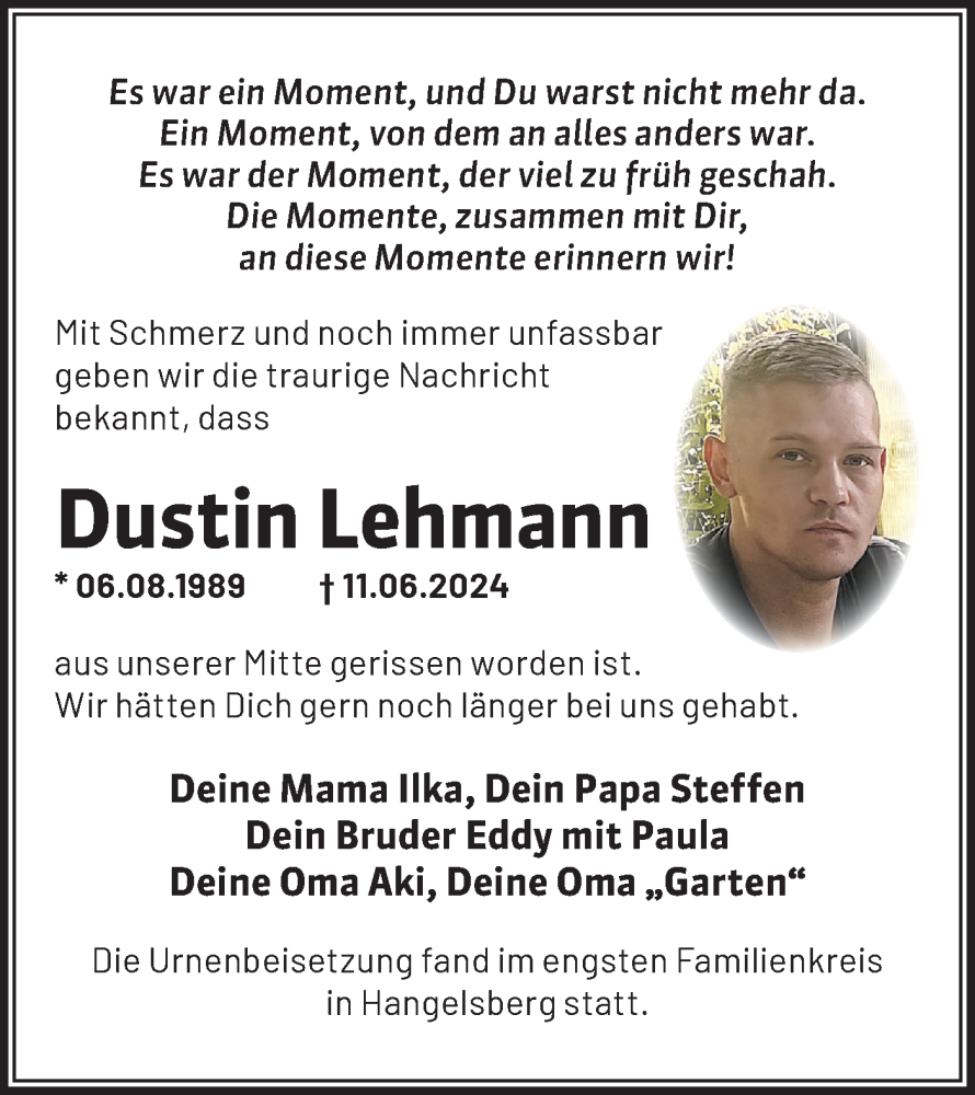  Traueranzeige für Dustin Lehmann vom 03.08.2024 aus Märkische Oderzeitung