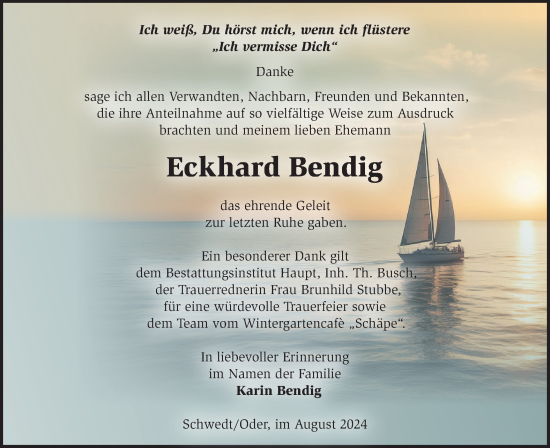 Traueranzeige von Eckhard Bendig von Märkische Oderzeitung