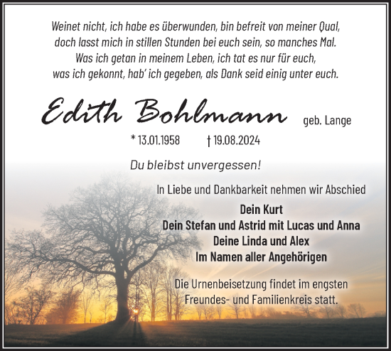 Traueranzeige von Edith Bohlmann von Märkische Oderzeitung