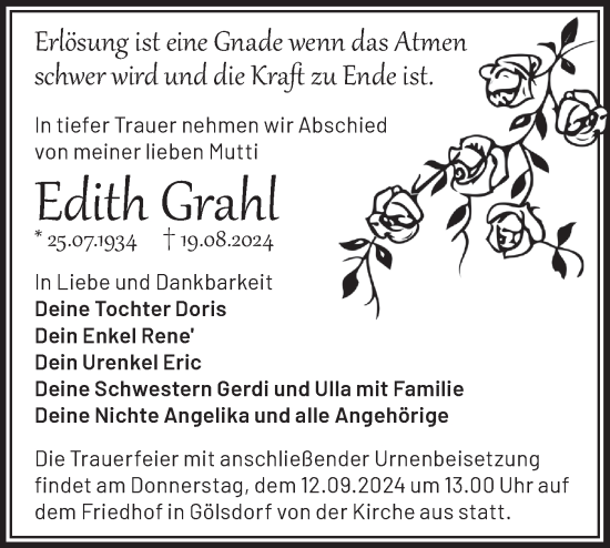 Traueranzeige von Edith Grahl von Märkische Oderzeitung