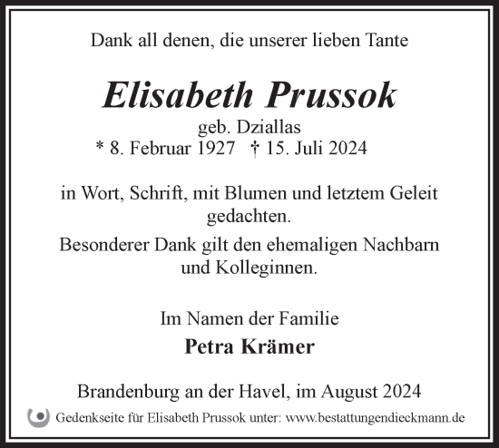 Traueranzeige von Elisabeth Prussok von Märkische Oderzeitung