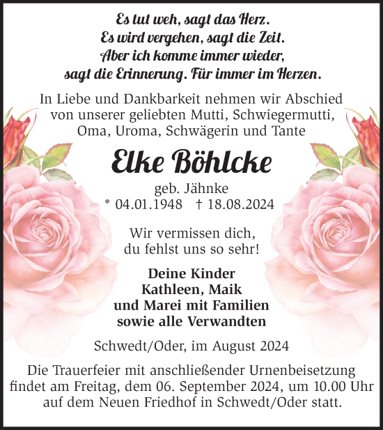 Traueranzeige von Elke Böhlcke von Märkische Oderzeitung