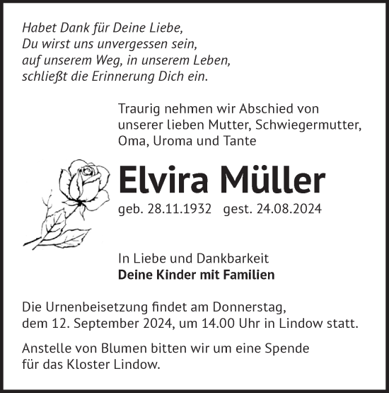 Traueranzeige von Elvira Müller von Märkische Oderzeitung