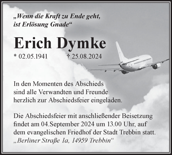 Traueranzeige von Erich Dymke von Märkische Oderzeitung