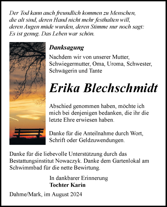 Traueranzeige von Erika Blechschmidt von Märkische Oderzeitung