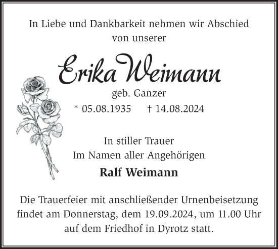 Traueranzeige von Erika Weimann von Märkische Oderzeitung