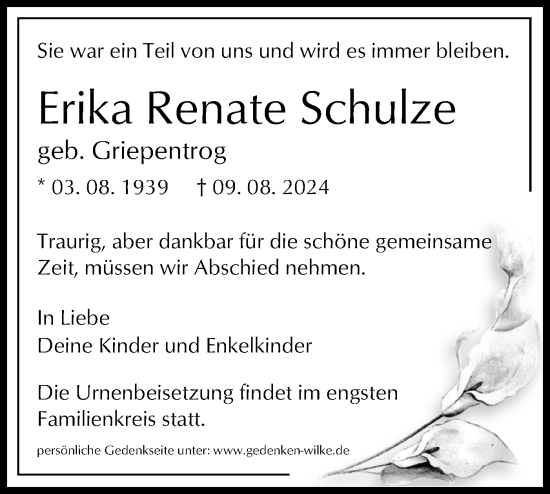 Traueranzeige von Erika Renate Schulze von Märkische Oderzeitung