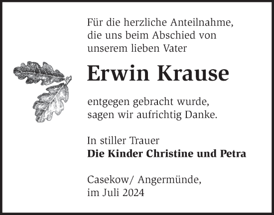 Traueranzeige von Erwin Krause von Märkische Oderzeitung