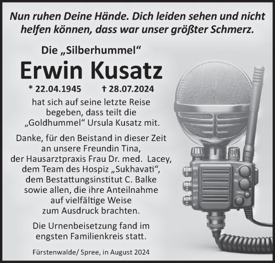 Traueranzeige von Erwin Kusatz von Märkische Oderzeitung