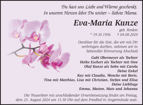 Traueranzeige von Eva-Maria Kunze von Märkische Oderzeitung
