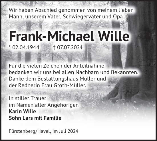 Traueranzeige von Frank-Michael Wille von Märkische Oderzeitung