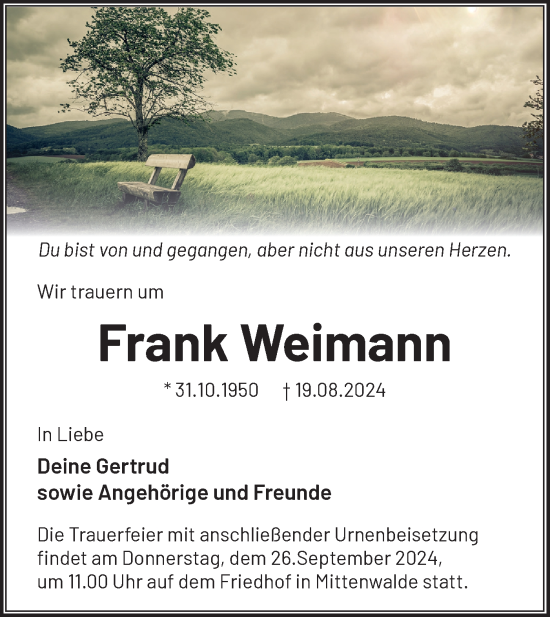 Traueranzeige von Frank Weimann von Märkische Oderzeitung