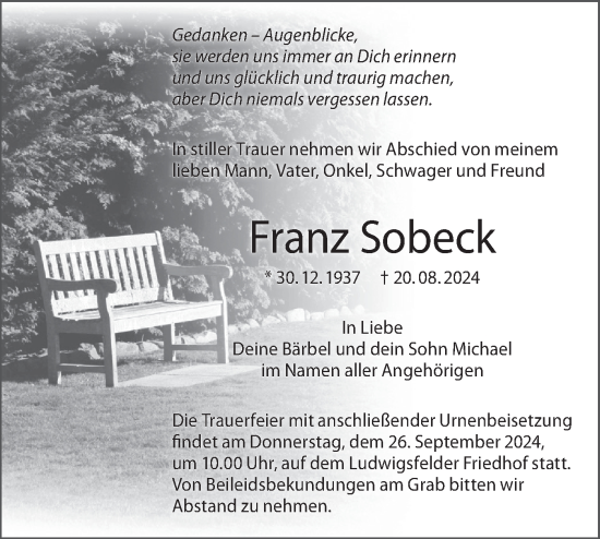 Traueranzeige von Franz Sobeck von Märkische Oderzeitung