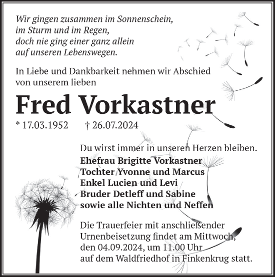 Traueranzeige von Fred Vorkastner von Märkische Oderzeitung