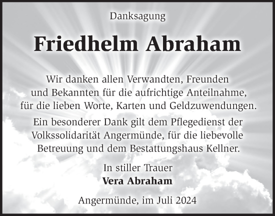 Traueranzeige von Friedhelm Abraham von Märkische Oderzeitung