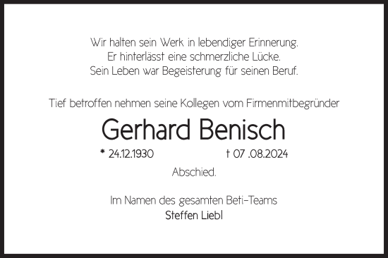 Traueranzeige von Gerhard Benisch von Märkische Oderzeitung