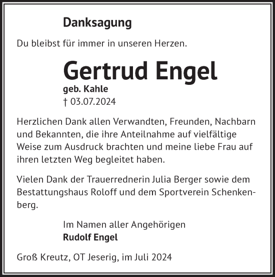 Traueranzeige von Gertrud Engel von Märkische Oderzeitung