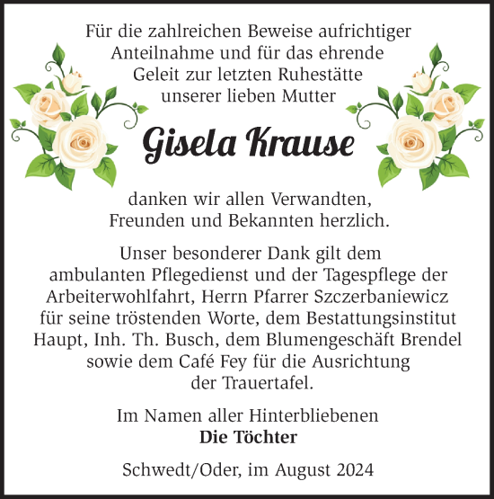 Traueranzeige von Gisela Krause von Märkische Oderzeitung