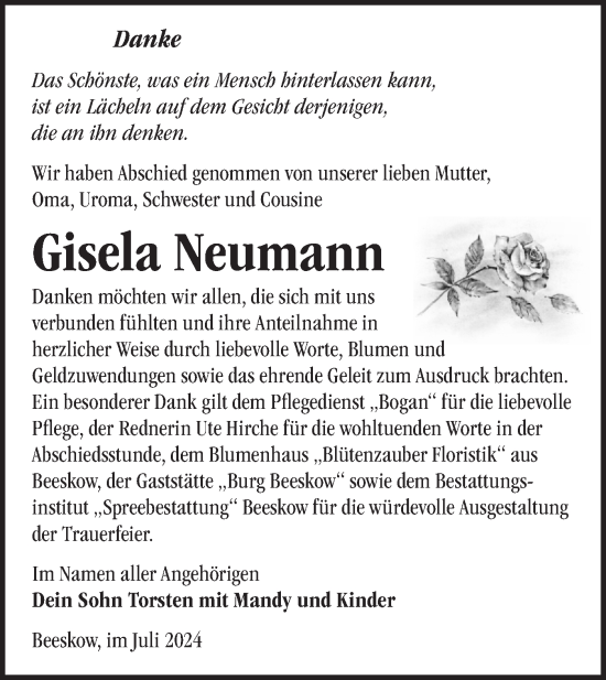 Traueranzeige von Gisela Neumann von Märkische Oderzeitung