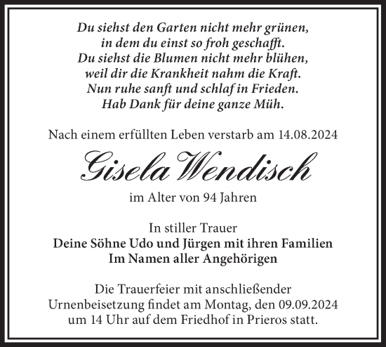 Traueranzeige von Gisela Wendisch von Märkische Oderzeitung