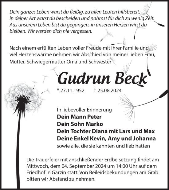 Traueranzeige von Gudrun Beck von Märkische Oderzeitung