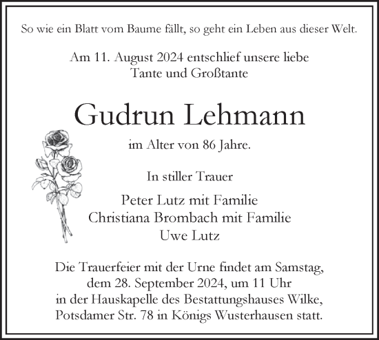 Traueranzeige von Gudrun Lehmann von Märkische Oderzeitung