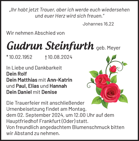 Traueranzeige von Gudrun Steinfurth von Märkische Oderzeitung