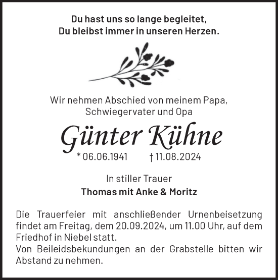 Traueranzeige von Günter Kühne von Märkische Oderzeitung