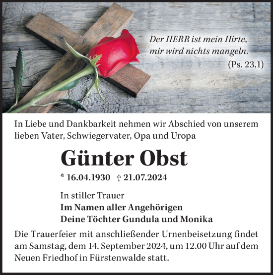 Traueranzeige von Günter Obst von Märkische Oderzeitung