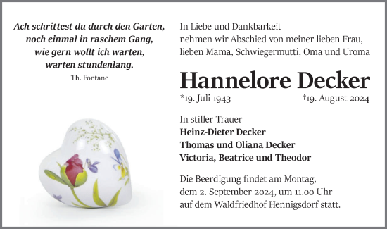 Traueranzeige von Hannelore Decker von Märkische Oderzeitung