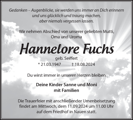 Traueranzeige von Hannelore Fuchs von Märkische Oderzeitung