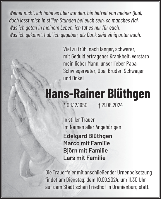 Traueranzeige von Hans-Rainer Blüthgen von Märkische Oderzeitung