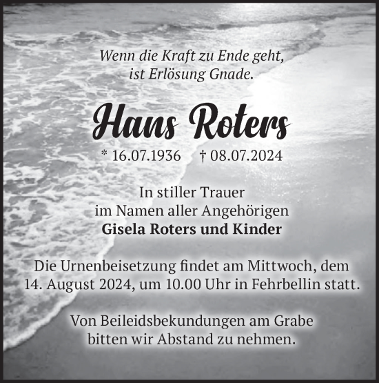 Traueranzeige von Hans Roters von Märkische Oderzeitung