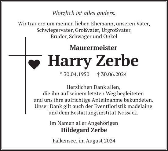 Traueranzeige von Harry Zerbe von Märkische Oderzeitung