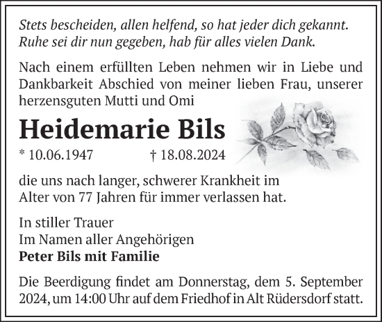 Traueranzeige von Heidemarie Bils von Märkische Oderzeitung