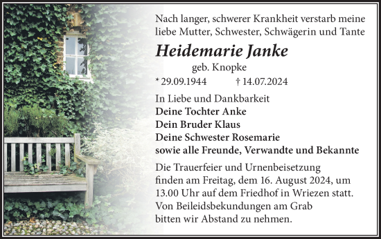 Traueranzeige von Heidemarie Janke von Märkische Oderzeitung