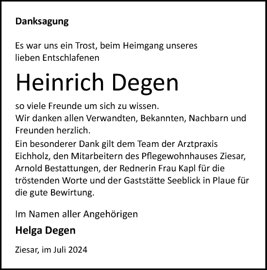 Traueranzeige von Heinrich Degen von Märkische Oderzeitung