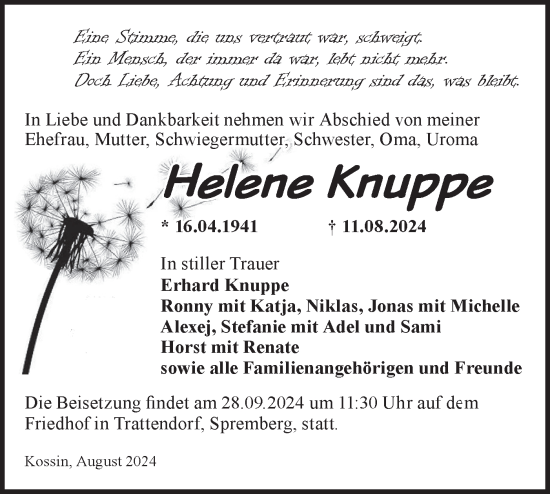 Traueranzeige von Helene Knuppe von Märkische Oderzeitung