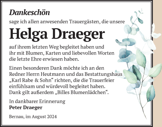 Traueranzeige von Helga Draeger von Märkische Oderzeitung