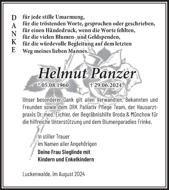 Traueranzeige von Helmut Panzer von Märkische Oderzeitung