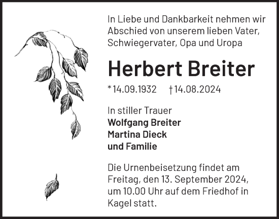 Traueranzeige von Herbert Breiter von Märkische Oderzeitung