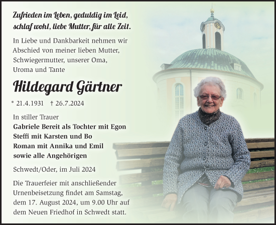 Traueranzeige von Hildegard Gärtner von Märkische Oderzeitung