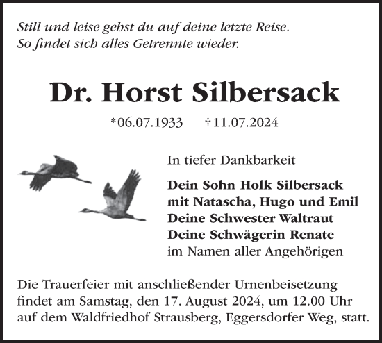 Traueranzeige von Horst Silbersack von Märkische Oderzeitung