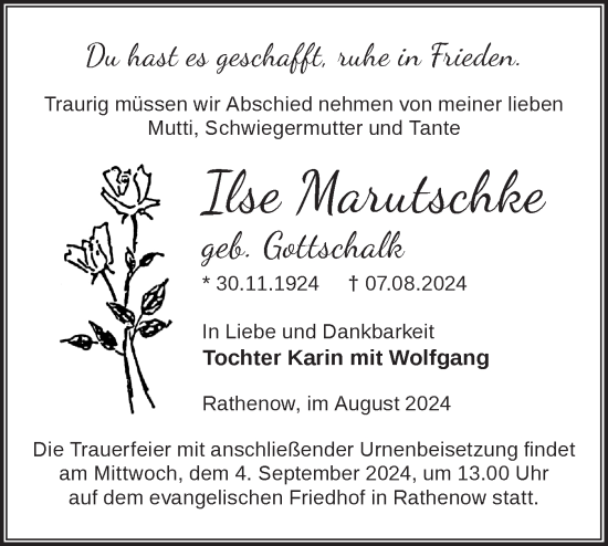 Traueranzeige von Ilse Marutschke von Märkische Oderzeitung