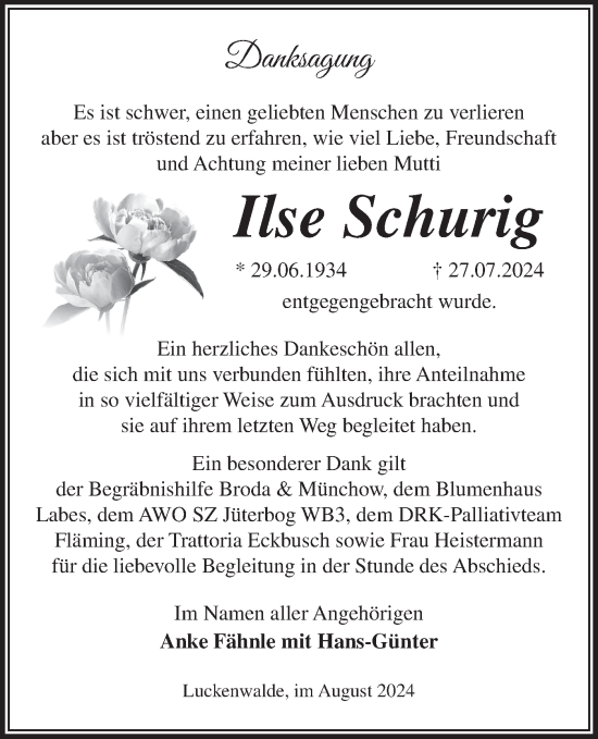 Traueranzeige von Ilse Schurig von Märkische Oderzeitung