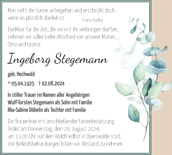 Traueranzeige von Ingeborg Stegemann von Märkische Oderzeitung